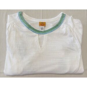 Ruby Rd 3X Peasant Blouse White Blue Green Tropical Leaf Embroidered Top Boho